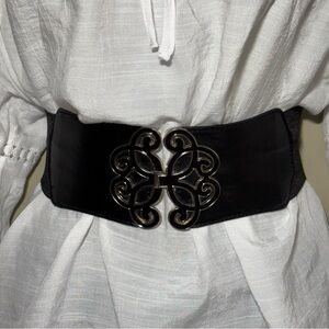 Black Wide Elastic Waist Belt with Black Silver Floral Metal Buckle Hook Closure